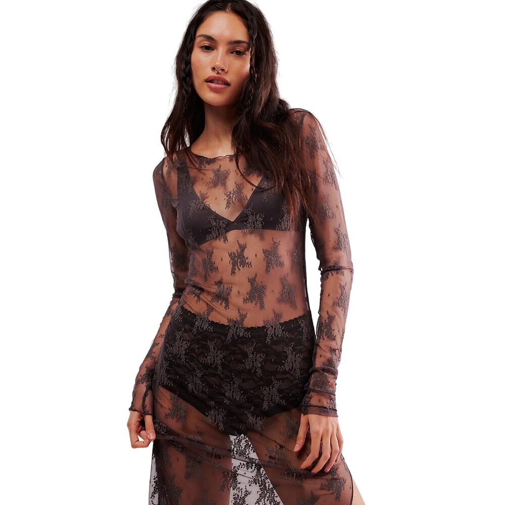 Free People Lady Lux Maxi Slip Dress Dark Gull Grey Sheer Lace Layering XS NWT - Picture 2 of 14